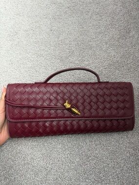 Woven Burgundy Leather Top-Handle Clutch with Gold Accent